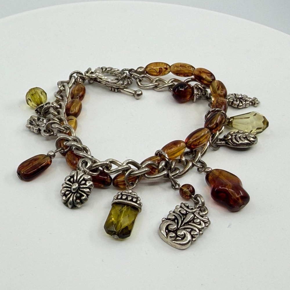 Y2K Boho Amber Beaded Charm Bracelet Silver Link Chain Statement Layered Gift